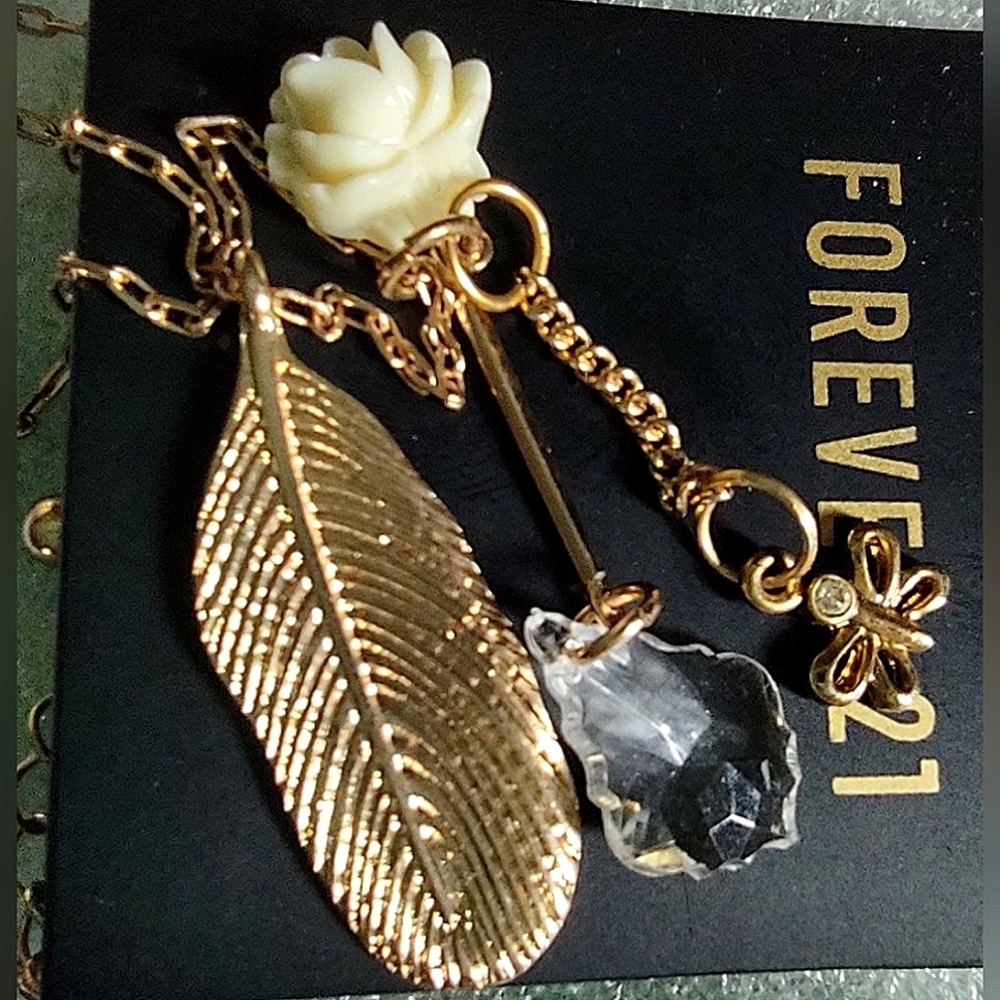 Gold Leaf, Ivory Rose Flower, Butterfly & Clear Resin Charm Necklace